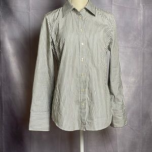 CAMBRIDGE DRY GOODS BLACK/WHITE TICKING STRIPED SLIM FIT BLOUSE. SIZED M